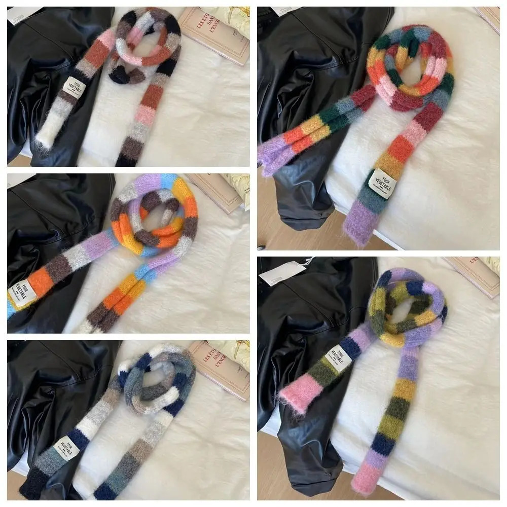Harajuku style Y2K striped scarf paired with clothing accessories rainbow long narrow scarf Korean style 241017