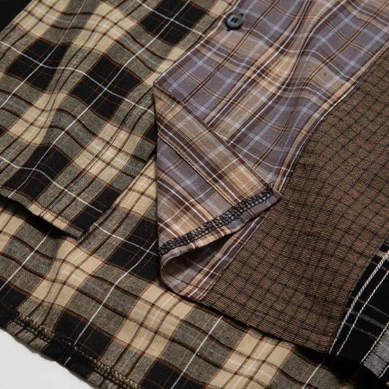 Hip Hop Men Plaid Shirt Streetwear Patchwork Button Up Long Sleeve Cotton Shirt 2024 Summer Harajuku Vintage Casual Loose Shirts LX241017