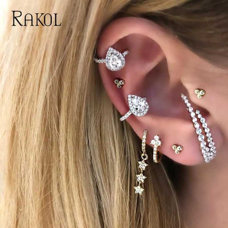 RAKOL 1 tear cube zirconia unperforated earring cuff clip womens fashionable white gold CZ jewelry gift W241017