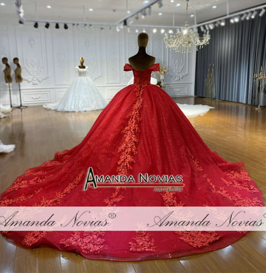 Off Shoulder Lace Red Ball Gown Wedding Dress
