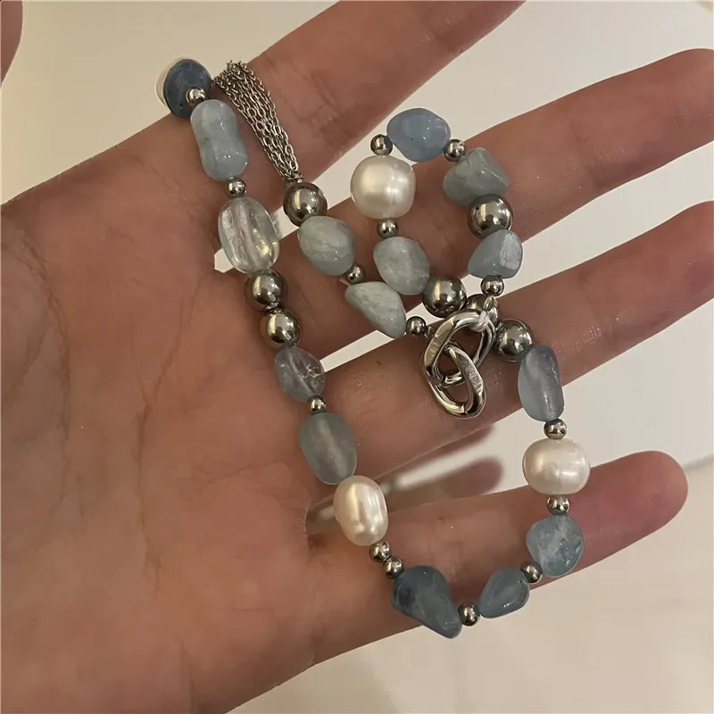 Xiaoluoke Fashion Blue Natural Stone Mixed Freshwater Pearl Summer Irregular n Bead Necklace Bridal Jewelry Gift 241017