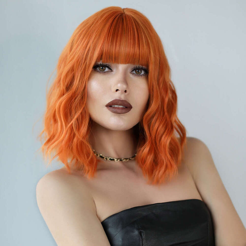 New Dirty Orange Wig Women's Short Air Bangs Medium Long Curly Synthetic Hair Cover