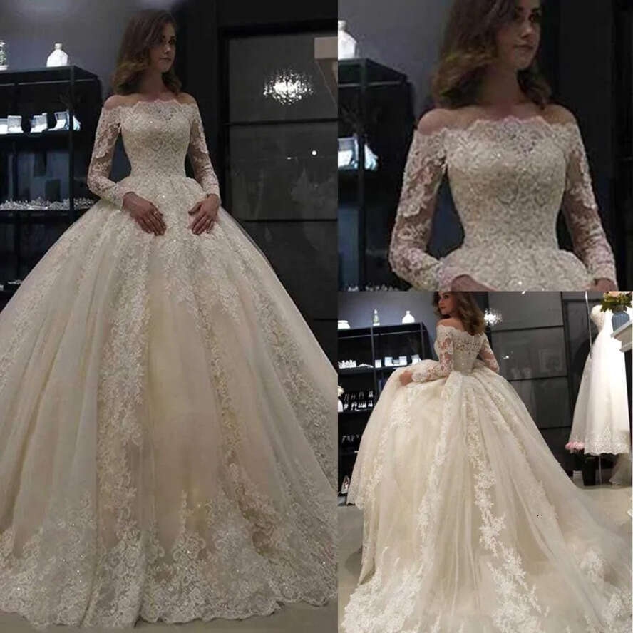 Ball Boat Arabic Gown Neck Wedding Dresses Long Sleeve Appliqued Lace Bridal Gowns A E Sweep Train Vestido De Novia Bc3022 s
