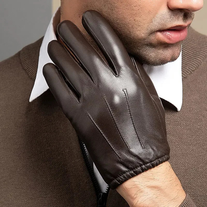 Men Business Sheepskin Leather Gloves Winter Full Finger Touch Screen Brown Gloves Riding Motorcycle Gloves 241016
