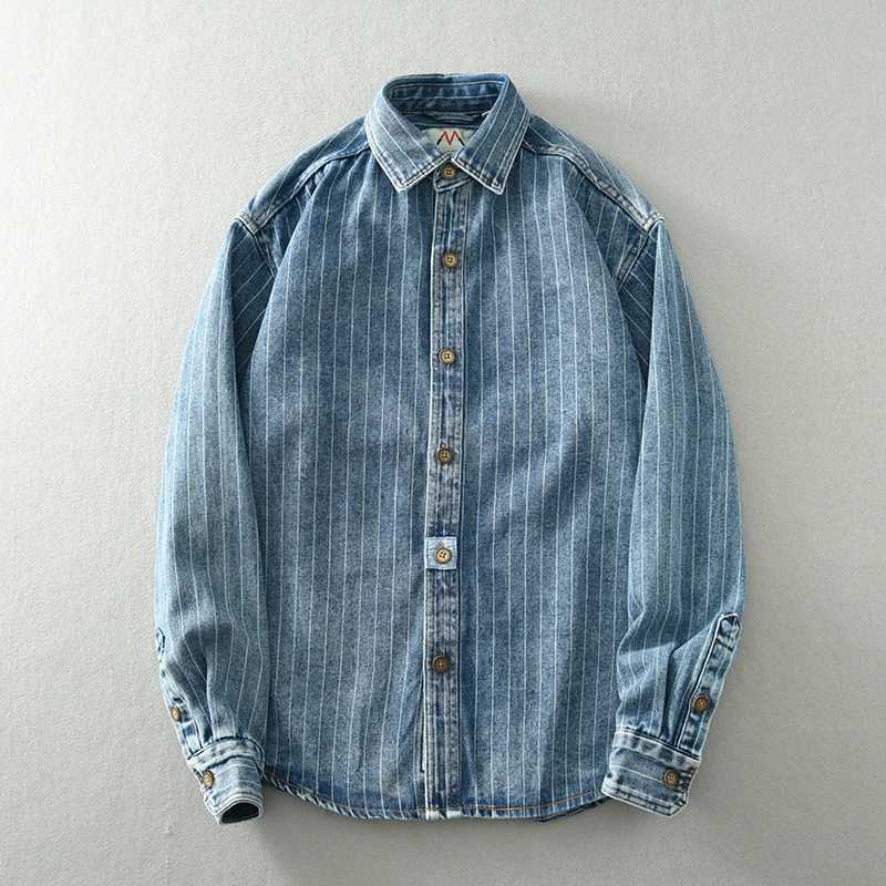 American Style Classic Nostalgic Striped Denim Shirt Mens Long Sleeve Washed Loose Blue Fashionable plus size Shirt for Men LX241017