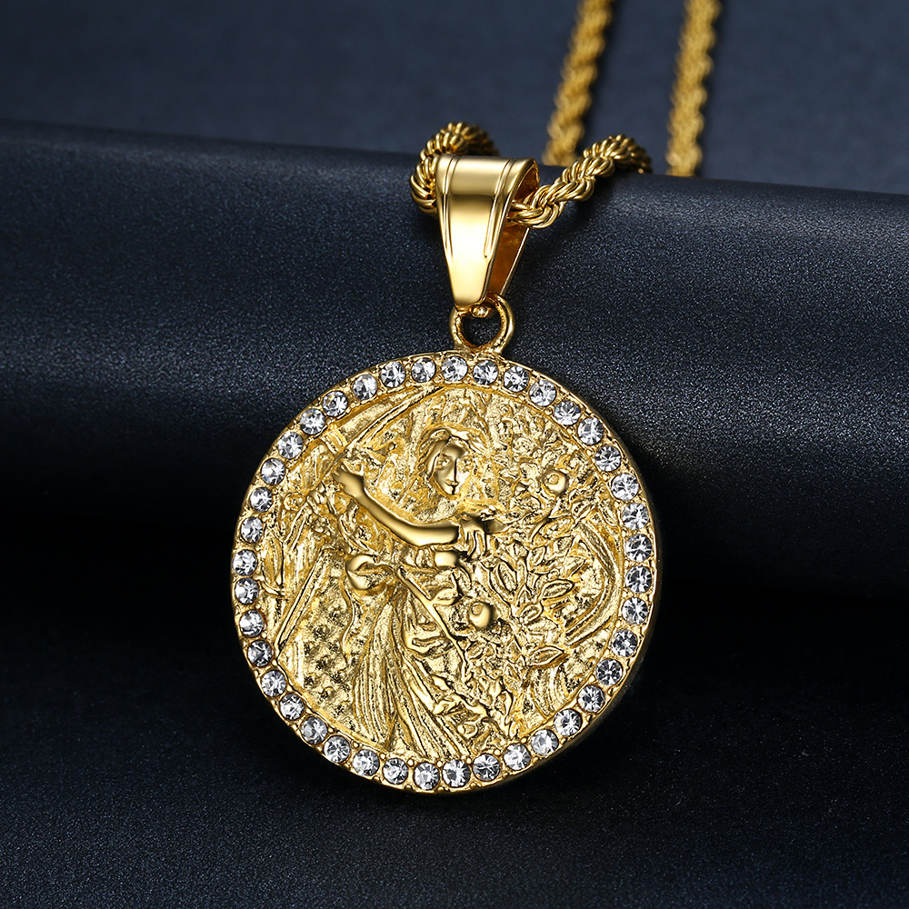 Retro 12 Constellations Round Pendant Necklace Stainless Steel 18K Gold Plated Jewelry Gift