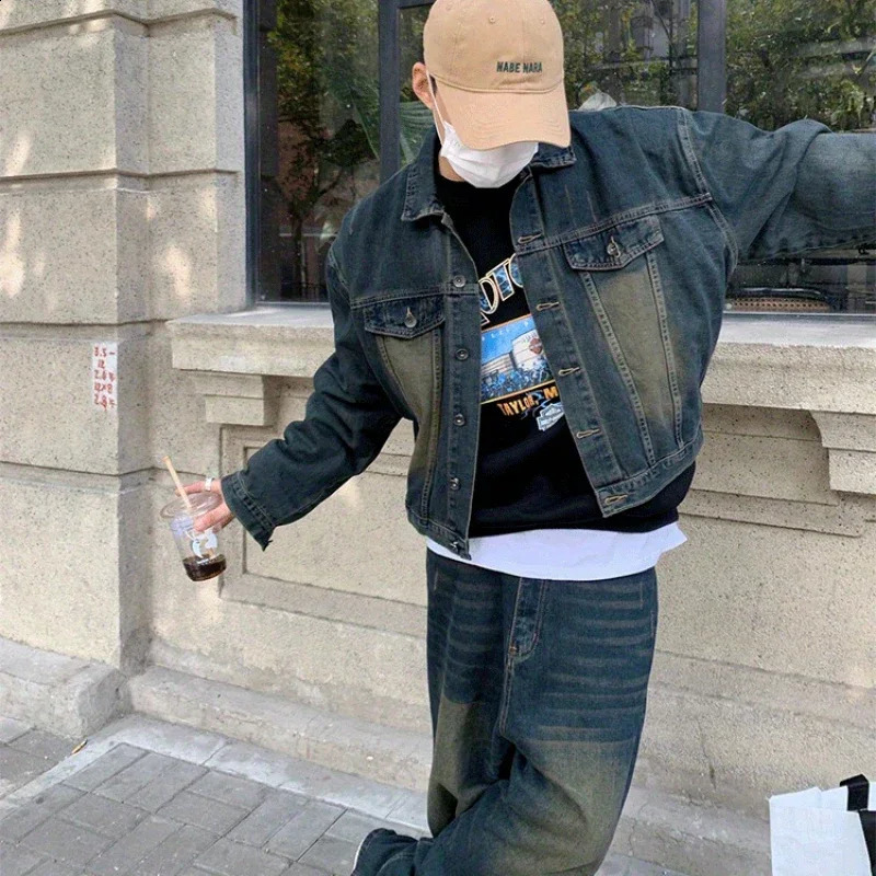Two Piece Setsingle Spring Autumn Jackets Jeans Tracksuit Trendy Vintage Loose Washed Old Set Male Street Outerwear 241017
