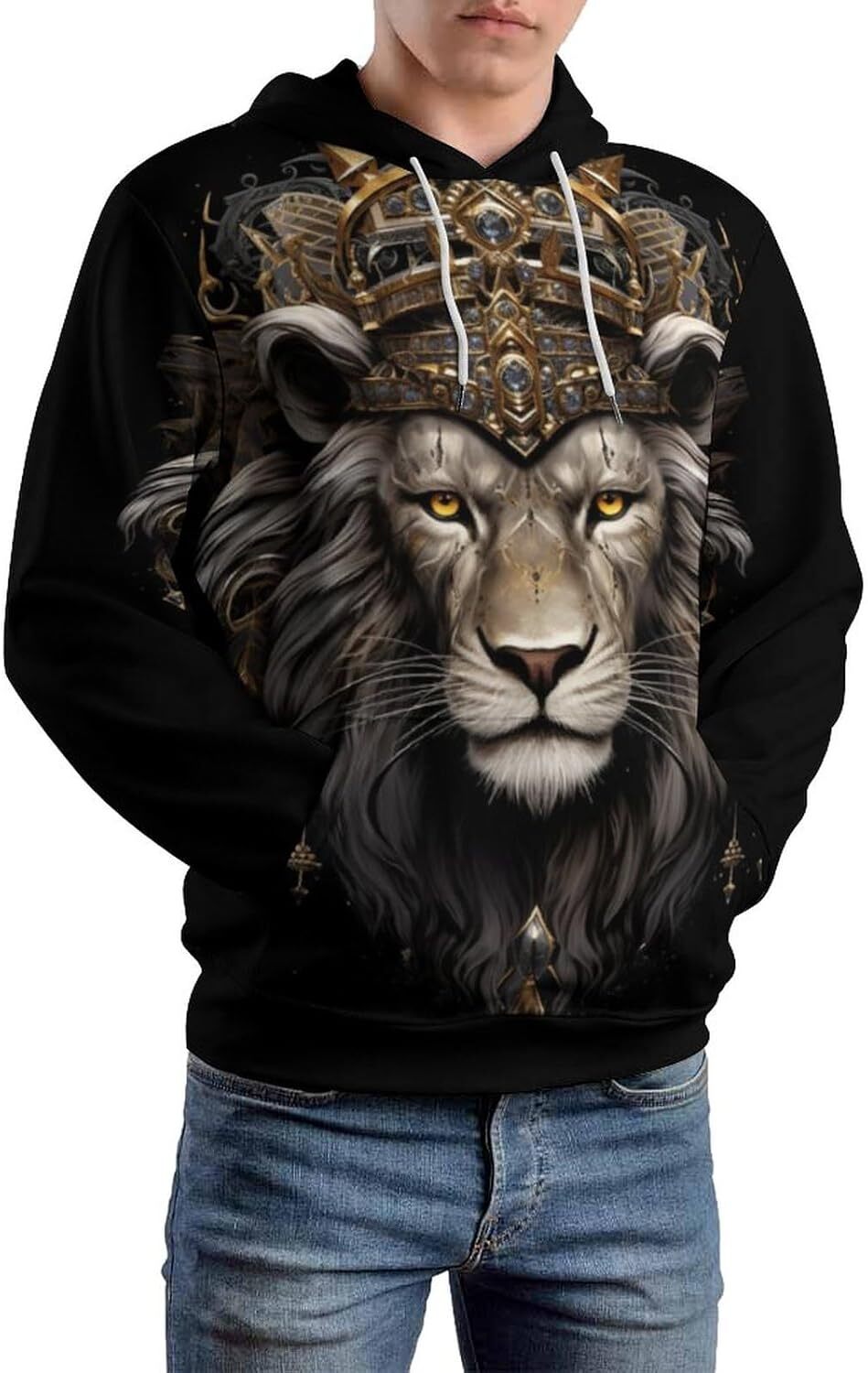 Hoodie for Mens Womens Mens Colorful Crown Lion Hoodie Psychedelic Animal Pattern Casual Drawstring Pullover Hoodie Graphic Fashionable and Warm