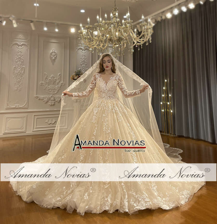 Champagne Color Full Lace Wedding Gown With Veil