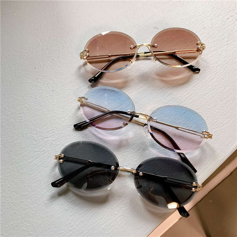 For Trendy Woman Sunglasses Summer Rimless Cut-edge Sunglass Oval Fashion Brand Designer Shades Pink Women's Sun Glasses UV400