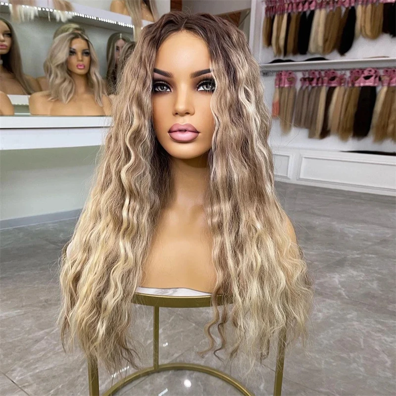 Free shipping Peruvian Honey Blonde Water Wave Front Silation Human Hair 13x4 Transparent Frontal Wig Deep Curly Ombre Lace Wigs