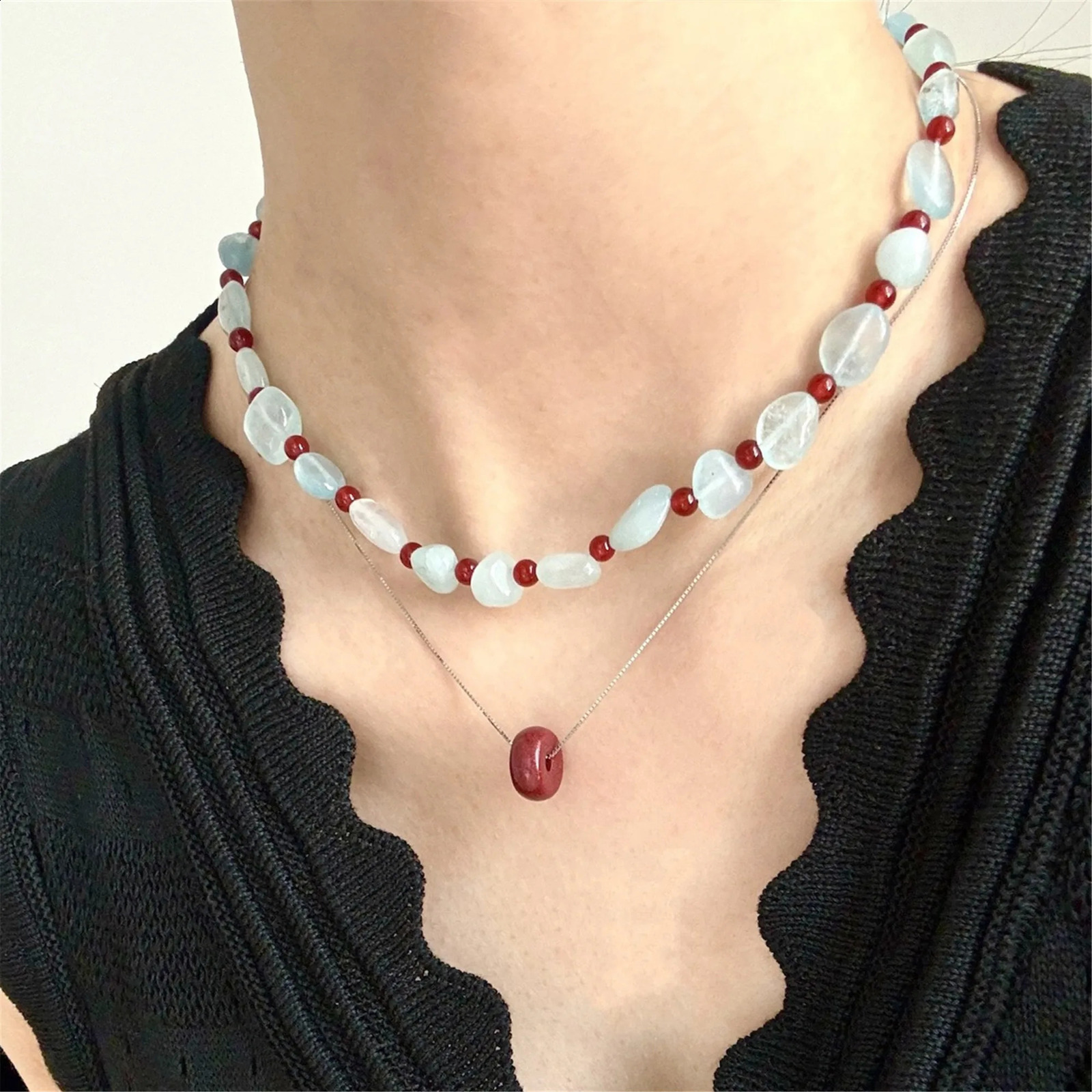 Natural aquamarine gemstone red agate irregular bead necklace for womens bohemian handmade bluestone bracelet necklace jewelry set gift 241017