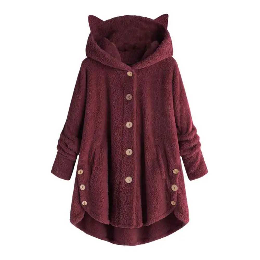 Cute Thick Plush Women Hoodies Winter Fur Cats Ears Hooded Irregular Hem Button Jacket Fleece Hoodies CoatX241016