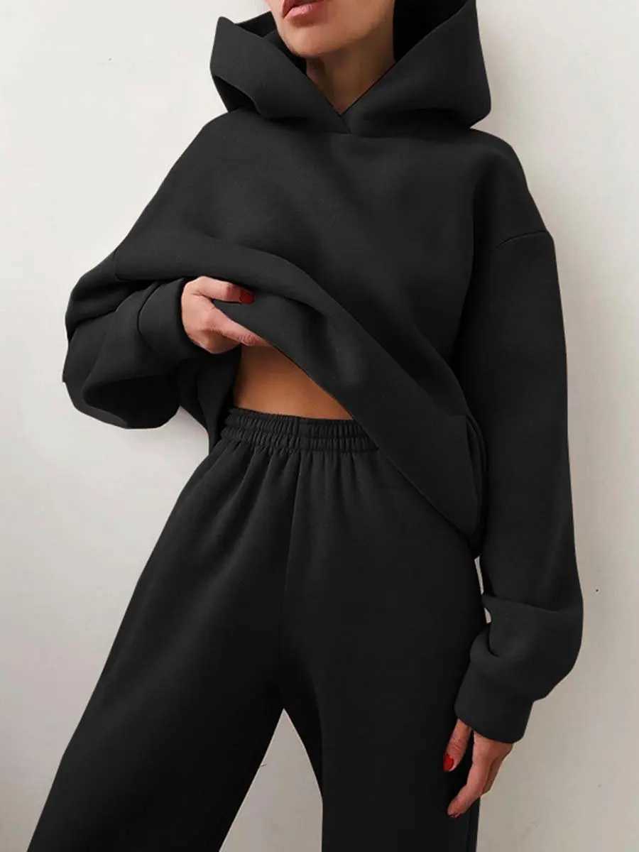 Womens Tracksuit Suit Winter Fashion Warm Hoodie Sweatshirts Two Pieces Oversized Solid Casual Hoody Pullovers Long Pant SetsX241016