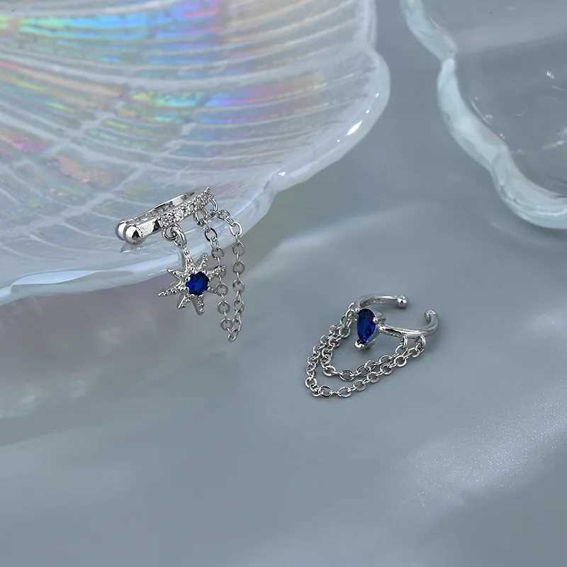Winoneday 1 piece asymmetrical double chain womens earrings blue water droplet star CZ earrings cuffs fake earrings fashion jewelry W241017