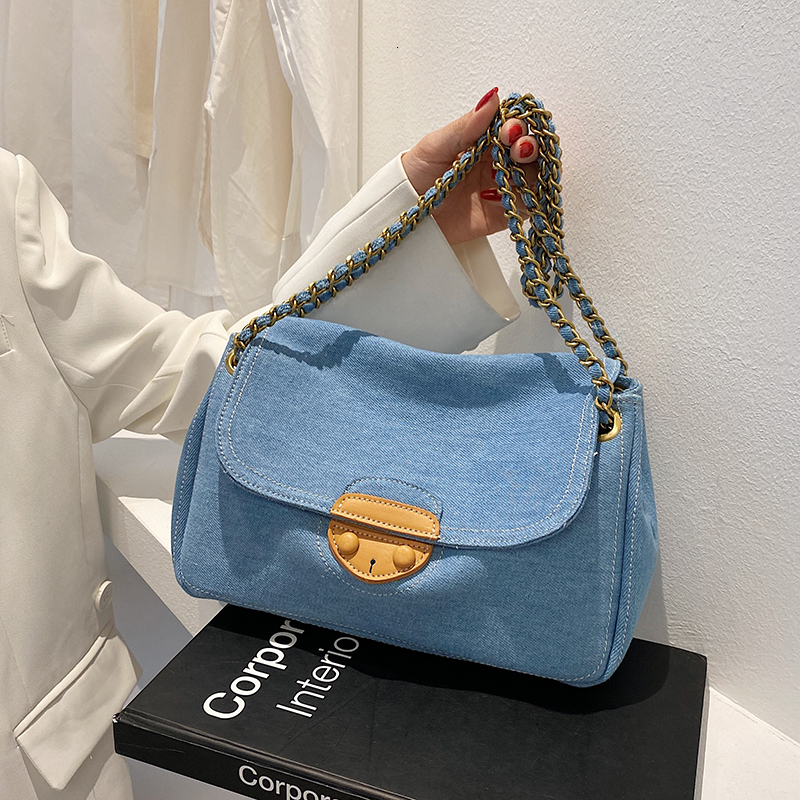 Vintage Blue Denim Quilted Women Shoulder Bags Designer Brand Handbags Chains Jeans Messenger Bag Large Tote Female Purse