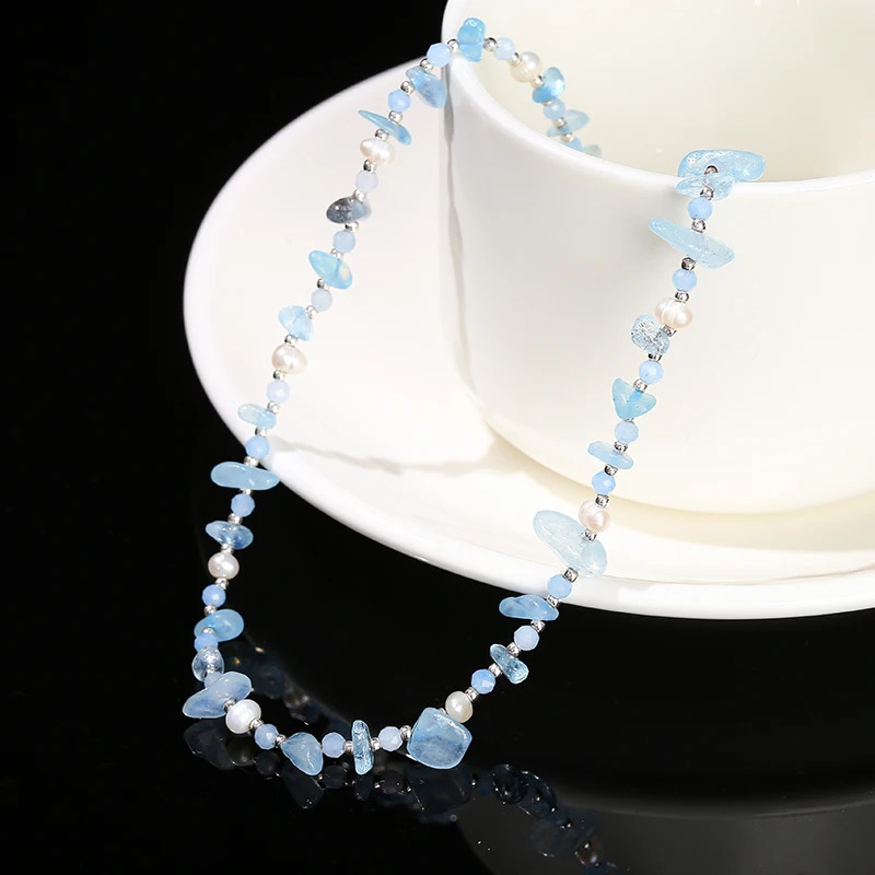 JD Natural Sea Blue Gemstone Irregular Gravel Chip Stone Chain Necklace Womens Spiritual Healing Handmade Gemstone Bead Necklace Couple Gift 241017