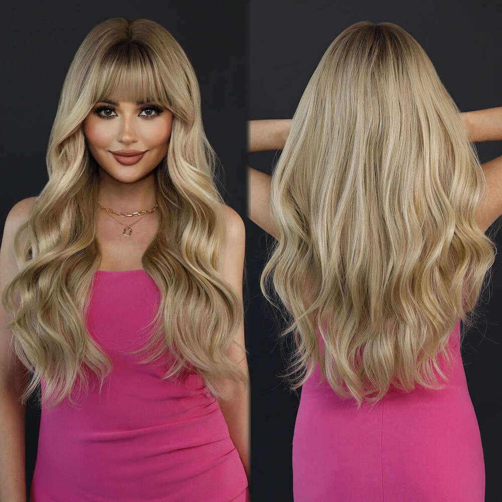 Long Body Wavy Wigs With Bangs Ombre Blonde Synthetic Hair