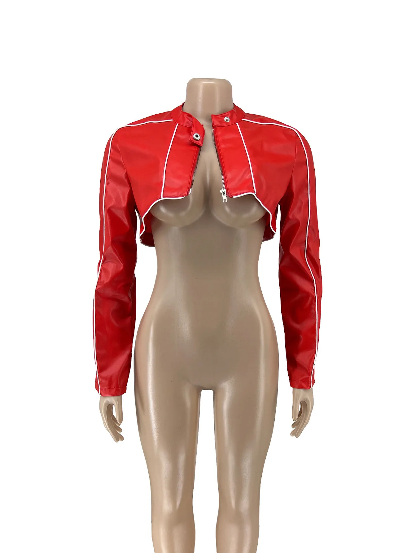 Red jacket womens Pu leather long sleeved crop top with zipper Pu leather jacket womens patented leather cutting jacket short jacket 241017