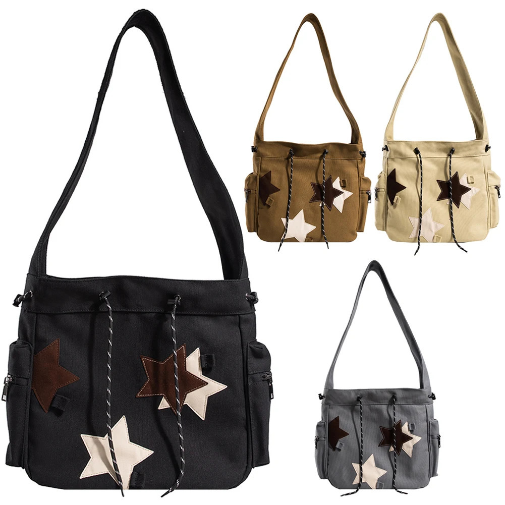 Womens Cute Shoulder Bag Large Capacity Canvas Daily Shopping Bag Star Stickers Y2K Street Style School Bag 241007