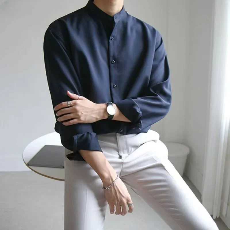 2023 Men Spring Autumn Fashion Stand Collar Solid Shirts Men Long Sleeve Business Casual Shirts Male New Loose Blouses I170 LX241017
