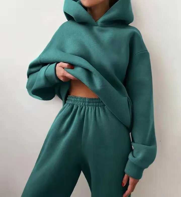 Womens Tracksuit Suit Winter Fashion Warm Hoodie Sweatshirts Two Pieces Oversized Solid Casual Hoody Pullovers Long Pant SetsX241016
