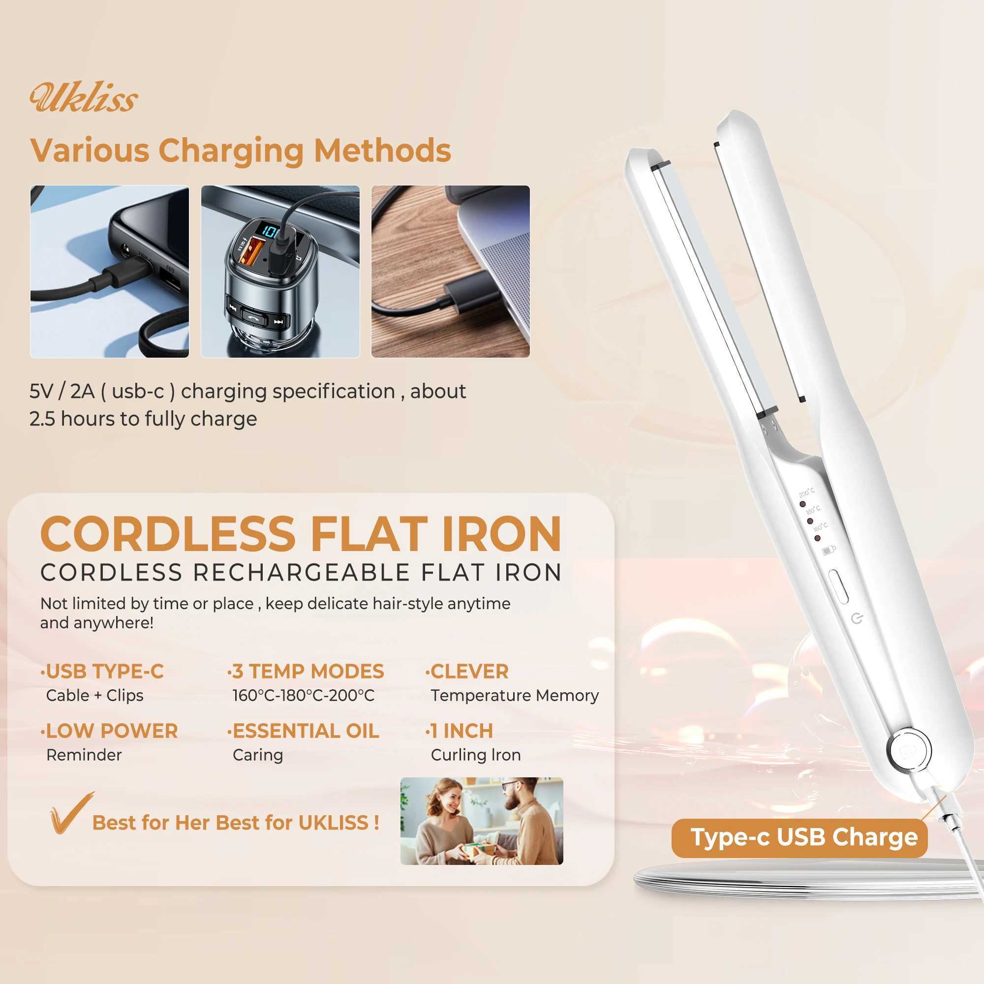 Cordless Hair Straightening Wireless Hair Straightener Flat Iron Usb Rechargeable Hair Straightening Curling Iron Styling ToolsXJ241016