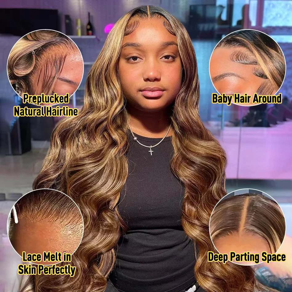 4/27 Highlight Brown Body Wave 13X4 Colored Front Human Hair Wigs Glueless 13X6 Ombre Blonde HD Lace Frontal Wig For Women