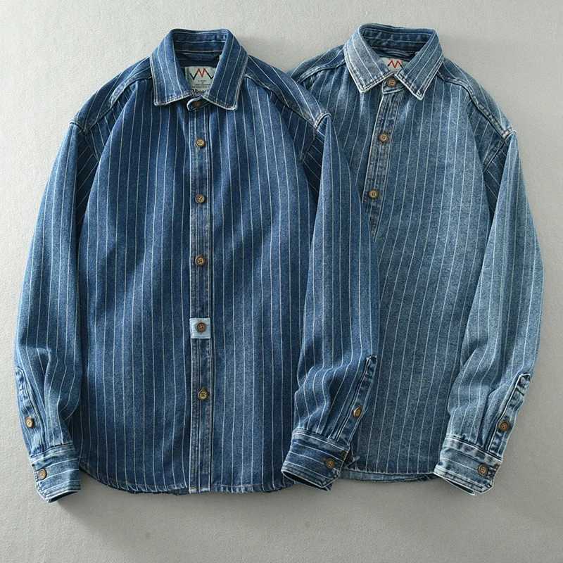 American Style Classic Nostalgic Striped Denim Shirt Mens Long Sleeve Washed Loose Blue Fashionable plus size Shirt for Men LX241017
