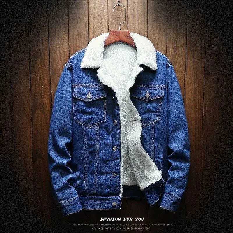 Mens Winter Casual Denim Jacket Fleece Lining Thickened Sheep Velvet Top Slimming Effect For Smooth SilhouetteXJ241017