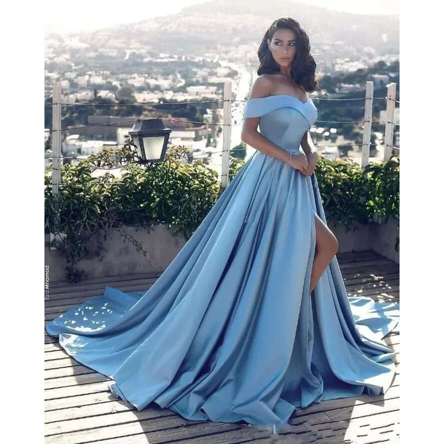 E A New Sexy Off The Shoulder Evening Dresses Side Split Prom Dress Satin Long Vestido Special Ocn Gowns Arabic 2018 vening rabic