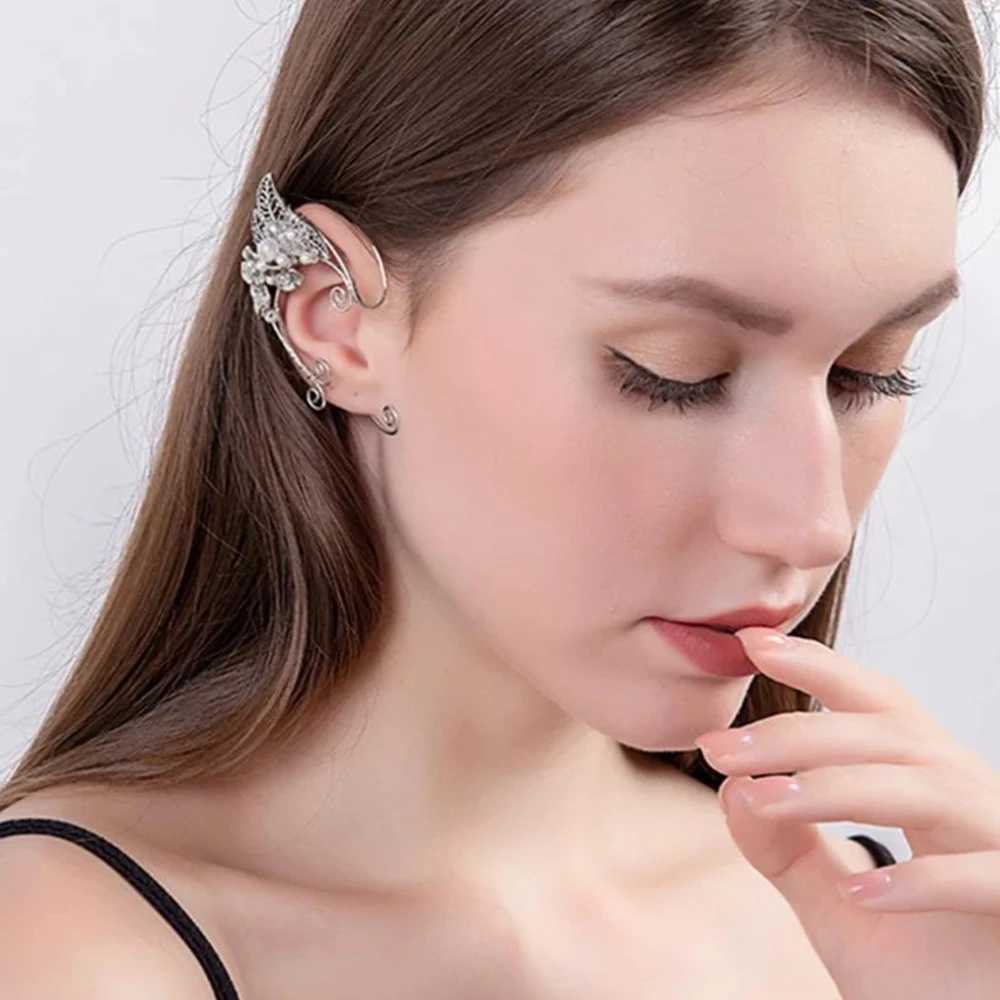 Beautiful and elegant fairy elf earrings with retro leaf flower aluminum wire cuffs womens non perforated clip earrings womens role-playing jewelry W2