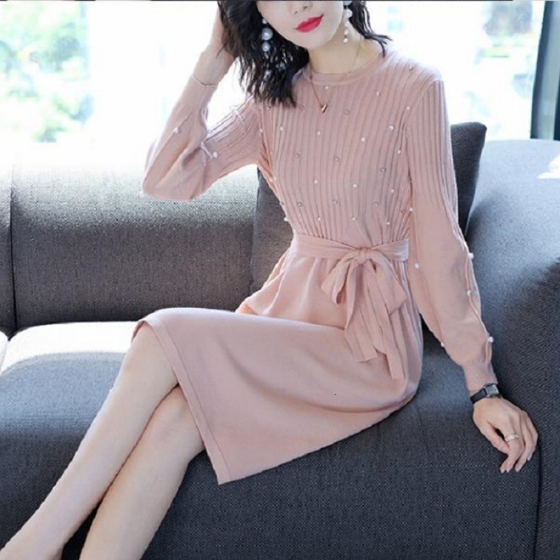 autumn winter o-neck midi sweater dress women A-Line midi sweater dress with belt elegant a-line solid loose dress 220316