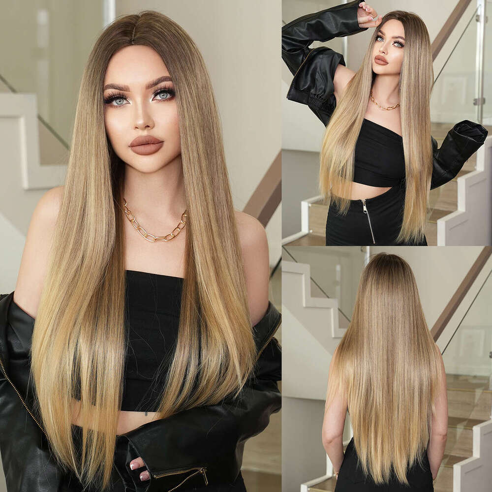 Blonde Women's Extra Long Medium Split Straight Hair Full Headset Nordic Natural Gold Gradually Changing Fiber Wig
