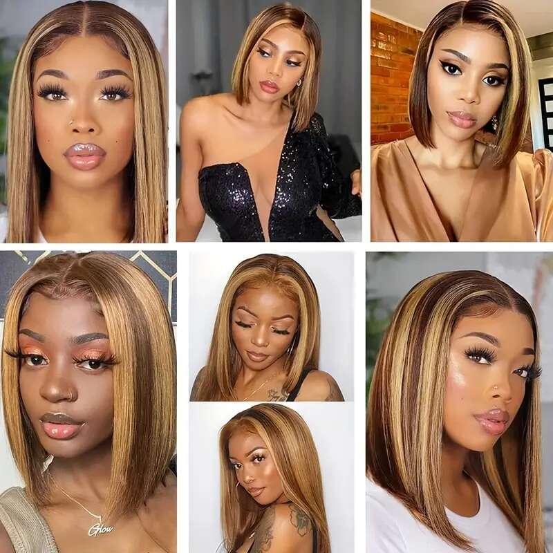 Wear And Go Glueless Ombre Highlight Bob Wig For Women 4X4 Straight Lace Closure Wigs Human Hair