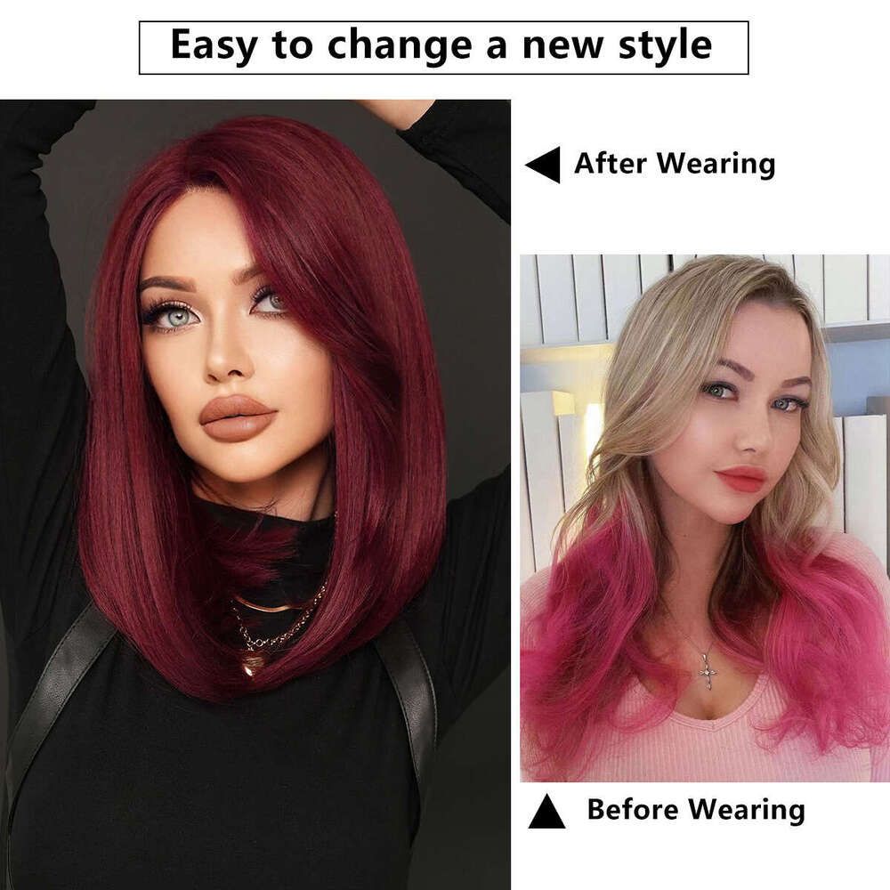 T Part Front Lace Purple Red Female Full Head Cover Shoulder Straight Hair Side Split Natural Wig