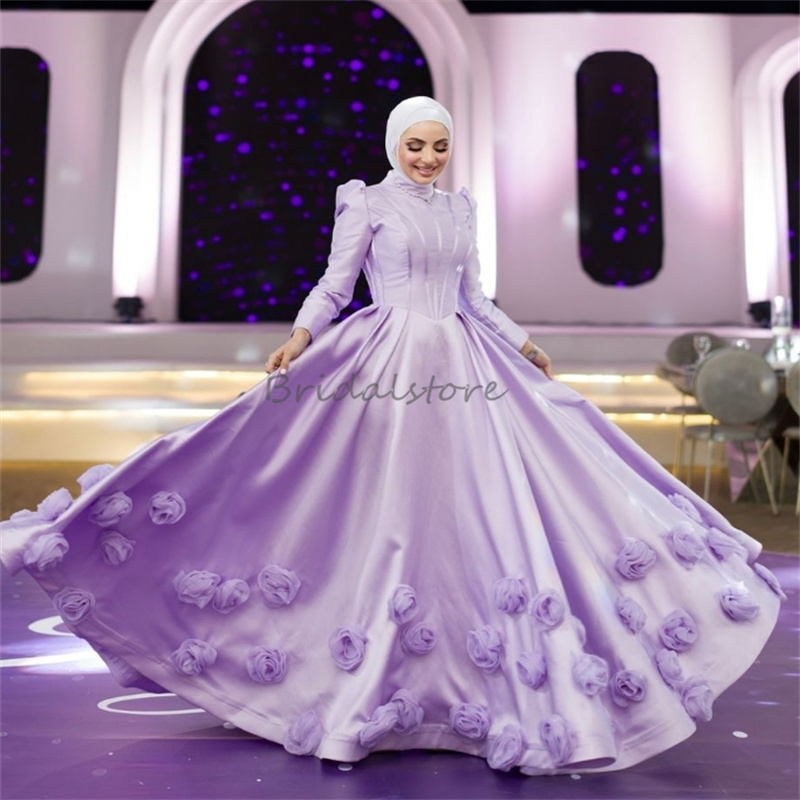 Fairy Lilac Islamic Evening Dresses With 3D Florals A Line Silk Satin Floor Length Muslim Prom Dress Charming Abaya Dress 2025 Reception Engagement Se