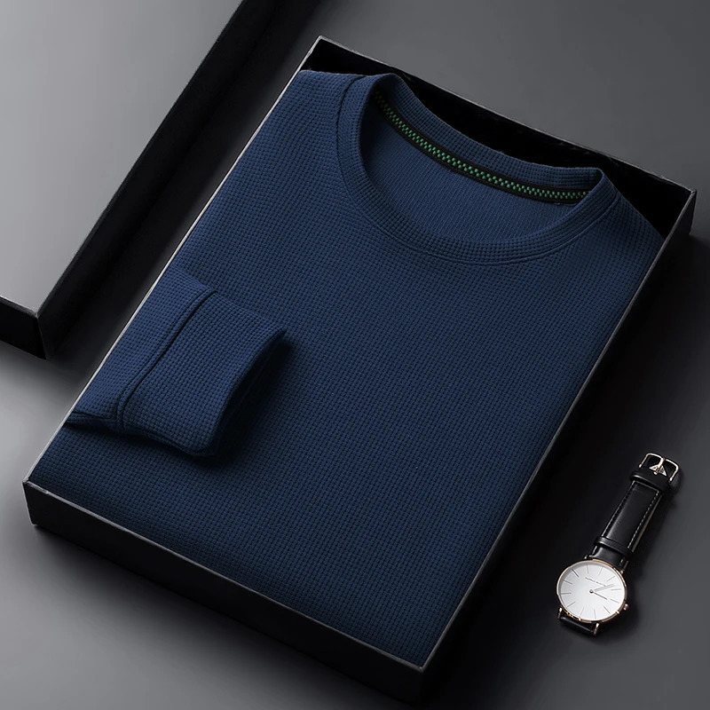 Mens Casual Waffle Round Neck T-shirt Breathable Comfortable and Fashionable Long Sleeved T-shirt 241017