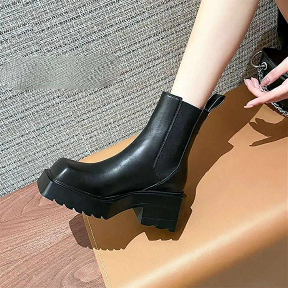 Casual Womens boots Genuine Leather Ankle Chunky Heel Square Toe High Heeled Fashion Designer Boot For Women Botas Mujer 241121