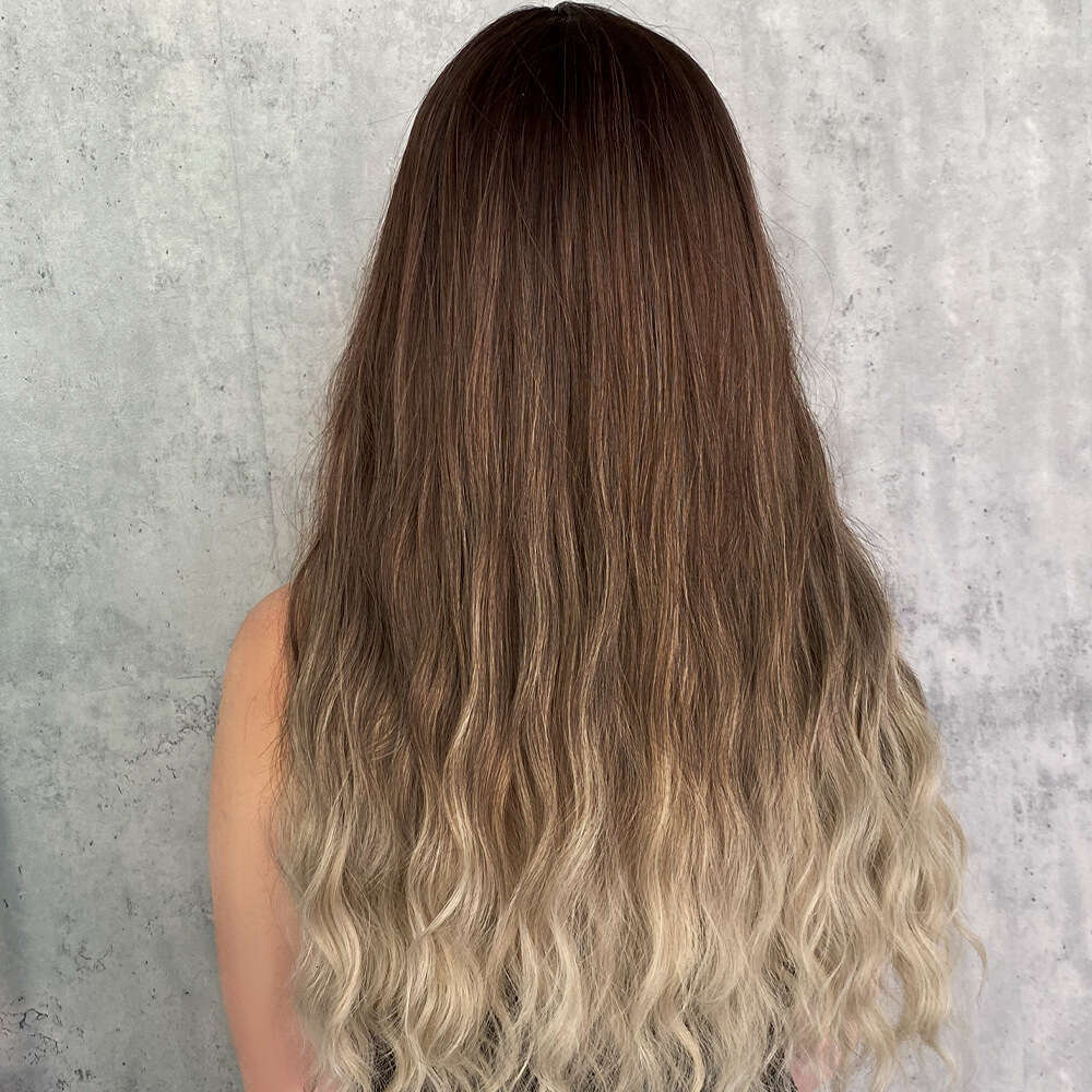 Brown Gradient Wig With Bangs, Long Curly Hair, Big Waves, Women's Headband