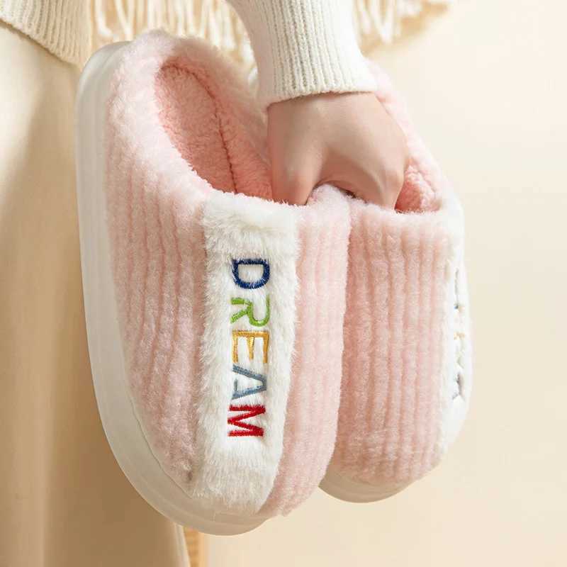 Winter Plush Letter Womens Cotton Slippers Indoor Warm Strip Thick Bottom Anti slip Soft Bottom Couple ShoesCL241017