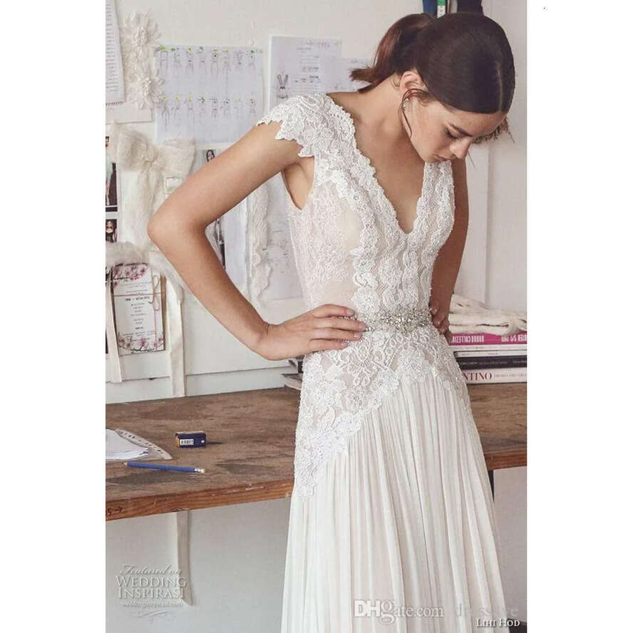 Wedding Modest Dresses Boho 2019 Cap Sleeves V Neck Open Back Pleated Skirt Lace Chiffon Elegant A E Beach Bridal Gowns