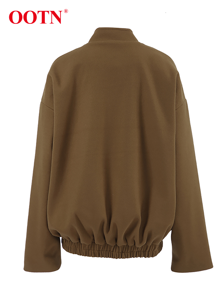 OO Vintage Brown Baseball Jackets Oversize Street Style Pockets Long Sleeves Outwear Tops Autumn Winter 2024 Woolen Warm Coats
