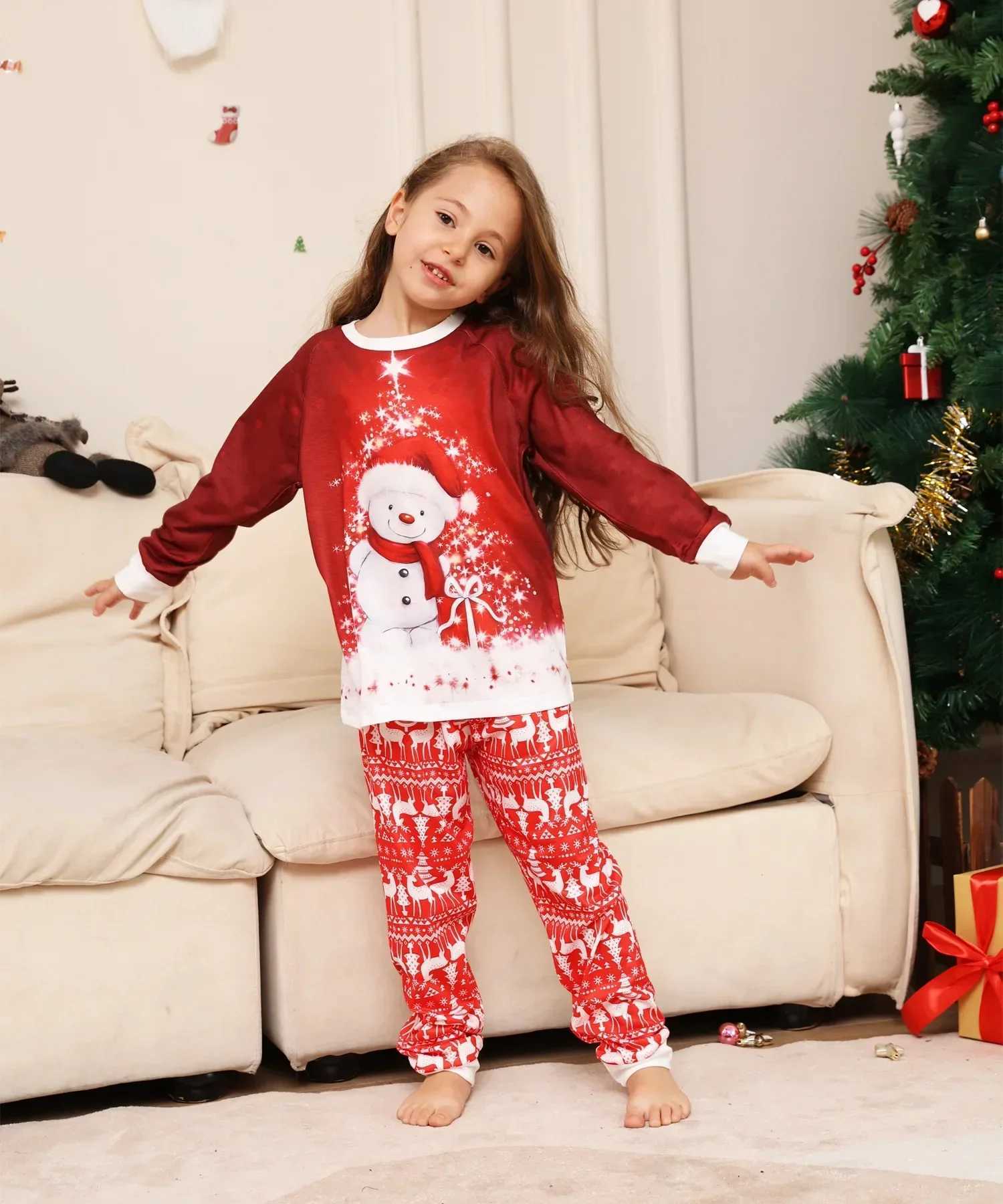 2024 Family Cute Snowman Printed Parent and Child Pajama Set Soft and Warm Pajamas Christmas Appearance Pajamas W241015