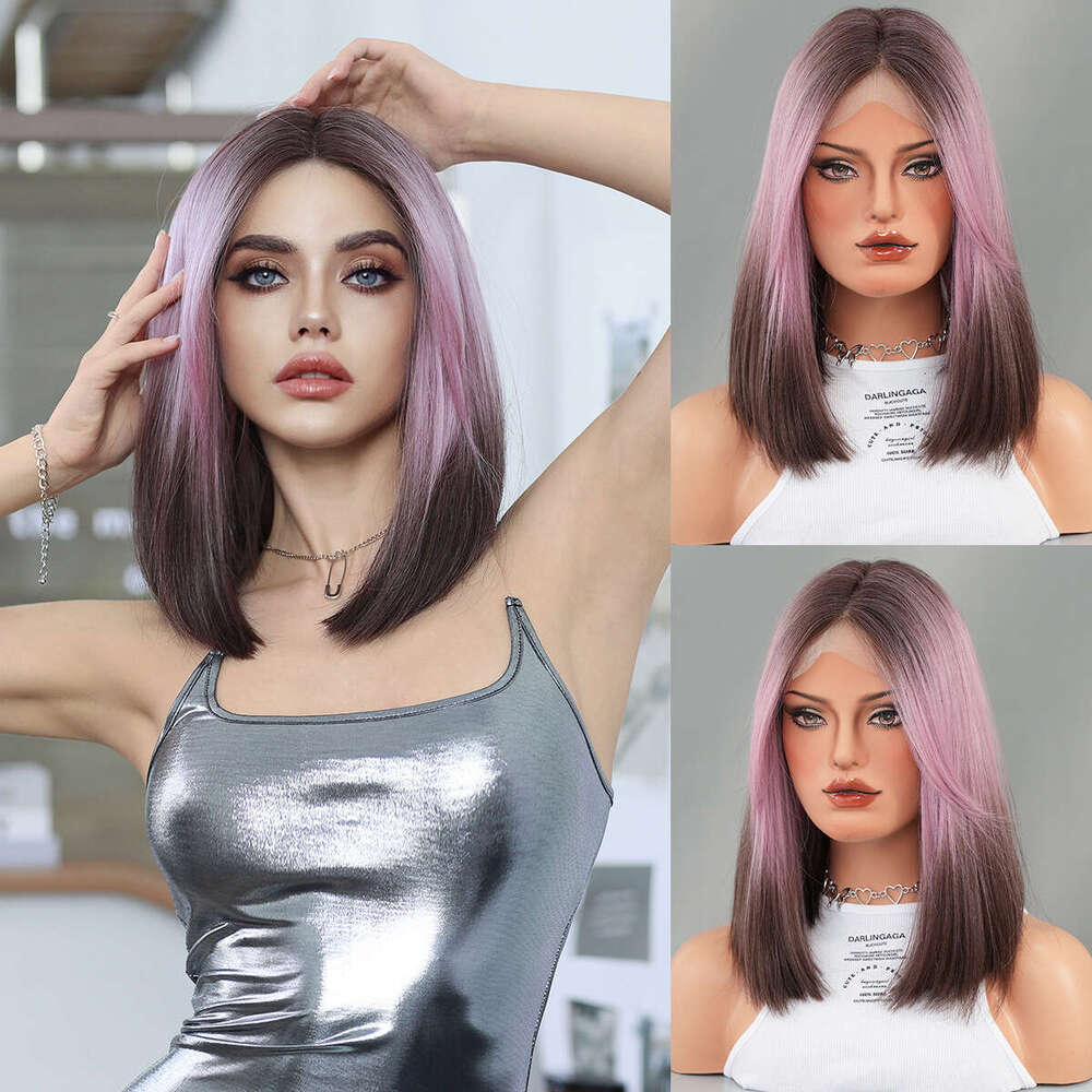 Small T Wig Pink Gradient Brown Short Straight Hair Medium Differentiated Fiber High Temperature Silk Bob Lace Front Wigs
