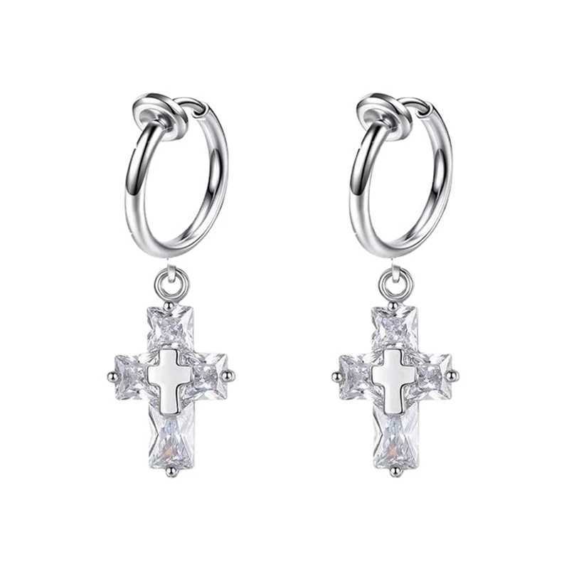 Hip Hop Punk Rhinestone Cross Titanium Steel Fashion Ear Clip Personalized Chain Earring Clip Womens Girls Jewelry Ins W241017