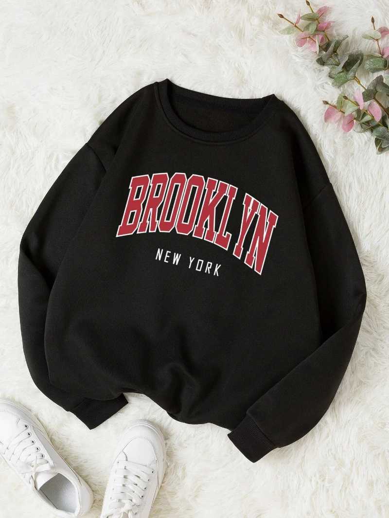 Fashion Woman Sweatshirts Brooklyn New York Letter Prints Pullover Casual O-Neck Long Sleeves Hoodie Warm Fleece Female ClothesX241016