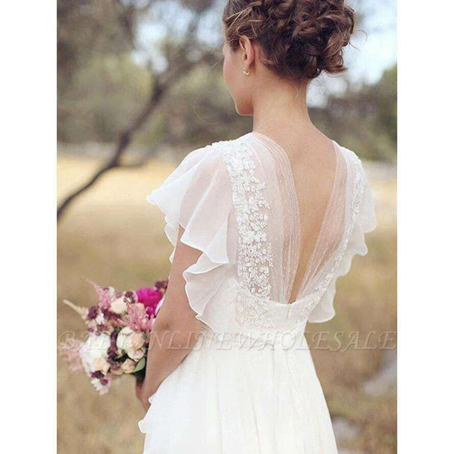 Style Bohemian Dresses Hippie 2020 Beach A-E Wedding Dress Bridal Gowns Backless White Lace Chiffon Boho Bm0864