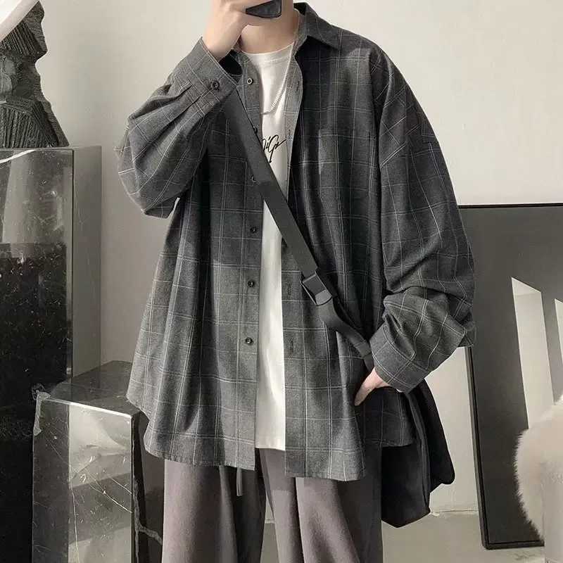 Vintage Plaid Shirt Mens Casual Trendy Top Korean Style Jacket Hong Kong Style Fashion Square Collar Shirt For Spring Summer LX241017