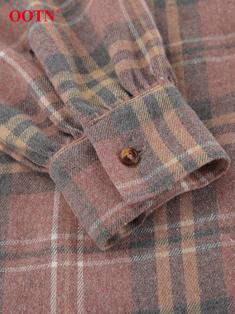 OO Casual Pink Plaid Blouses Female Summer Long Sleeve Striped Loose Tops Streetwear Single Breasted Shirts Coats Women